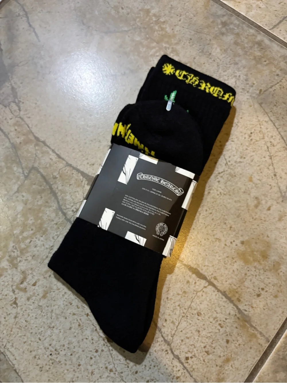 Chrome Hearts Black Socks with Neon Green Flame Motif